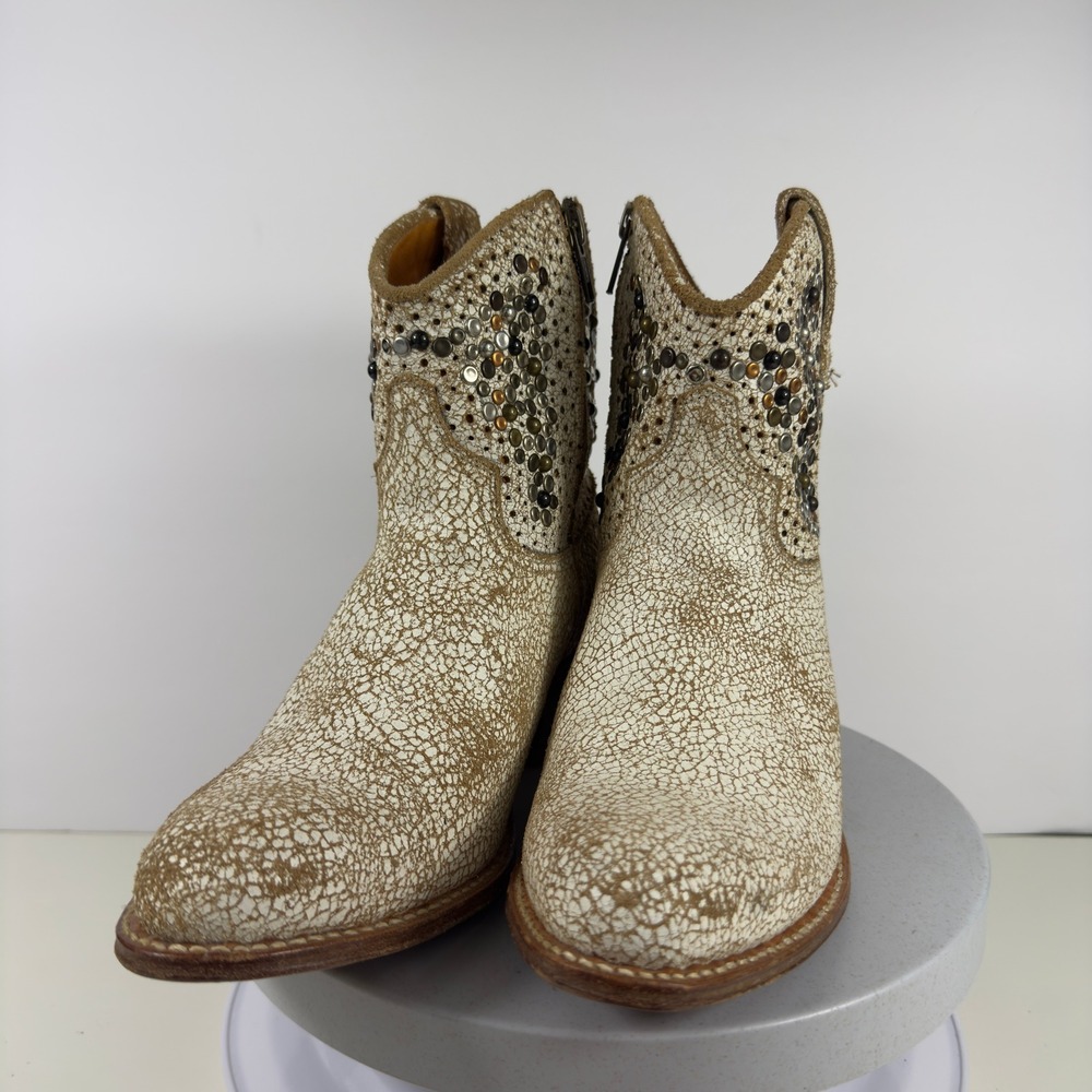 FRYE Deborah Studded Boots Womens Short Cowboy Western Crackle Gold Leather 7 M - Picture 2 of 15